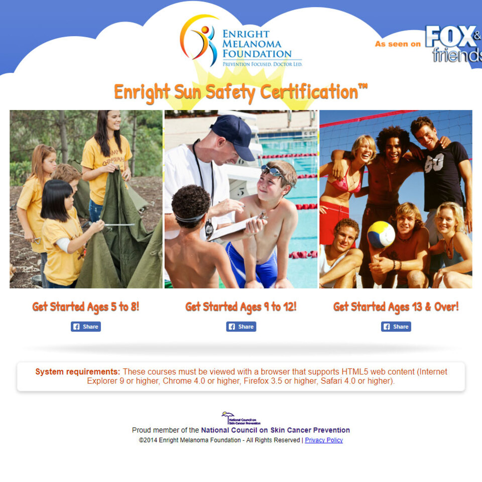 The landing page: one course for each age group, 5 to 8, 9 to 12, and 13 and up.