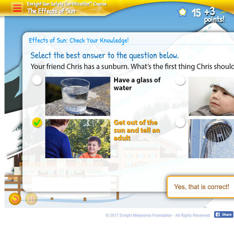 A knowledge check: the right answer earns points, and finishing a section earns a badge.