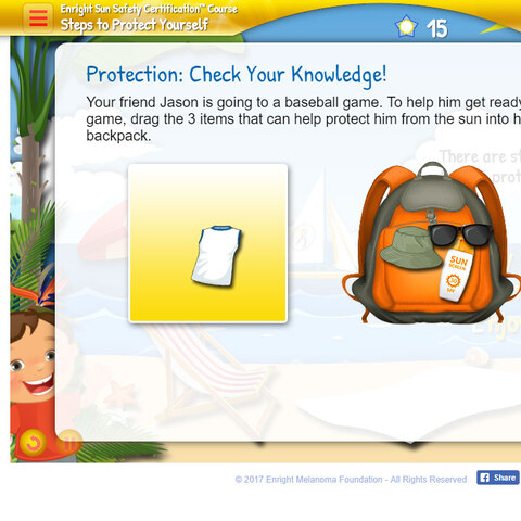 A drag-and-drop game: pack the three things that will protect Jason from the sun.