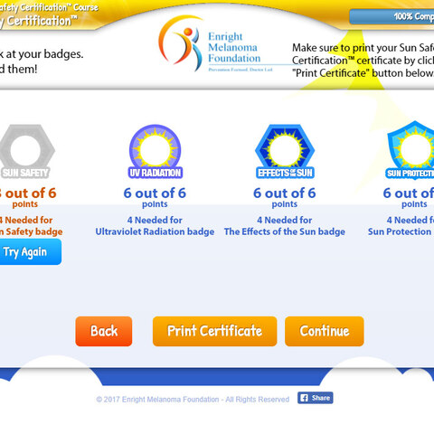 The end of the course: four badges, and a certificate to print.