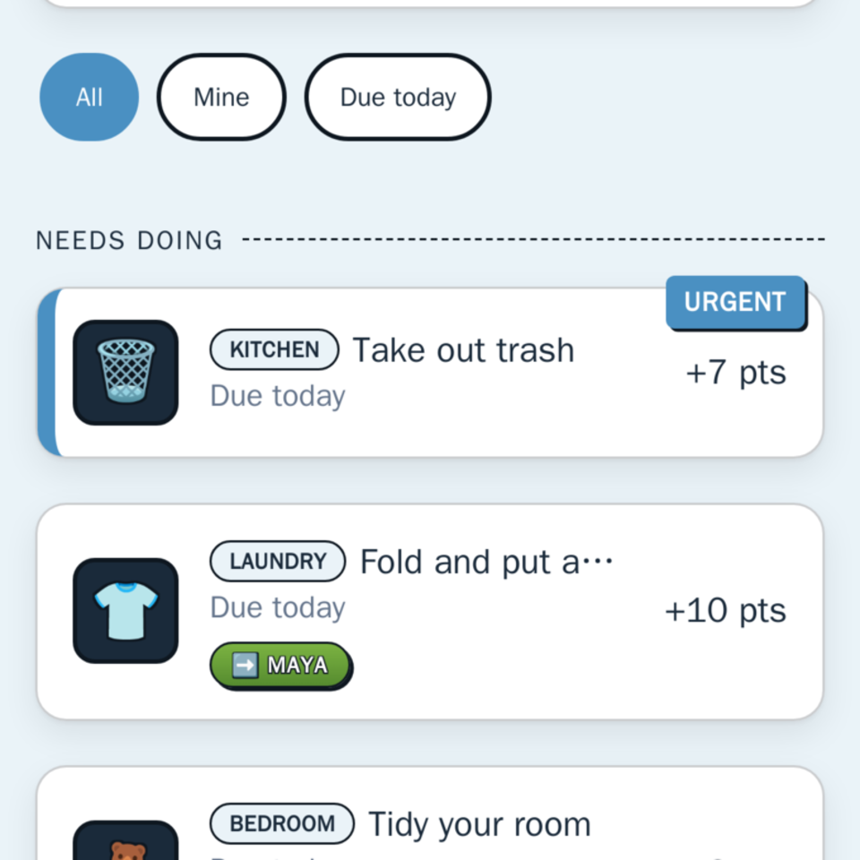 The queue: what needs doing now. One chore is urgent, and two were handed to a particular kid.