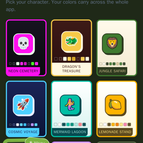Themes: each kid picks a character, and its colors carry across the whole app.