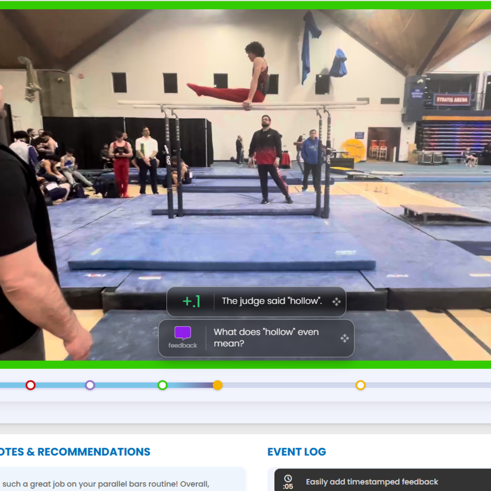 The finished review, as the gymnast sees it: each mark pops up on the video at its moment and the frame flashes with it. Highlighted words in the judge's notes open a glossary card, like this one for "hollow."