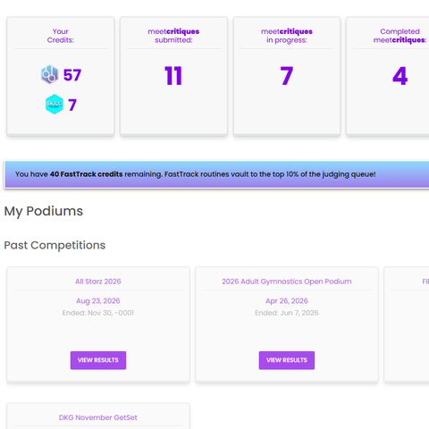 A customer's dashboard: credits, videos submitted, in review and done, and their Podium meets.