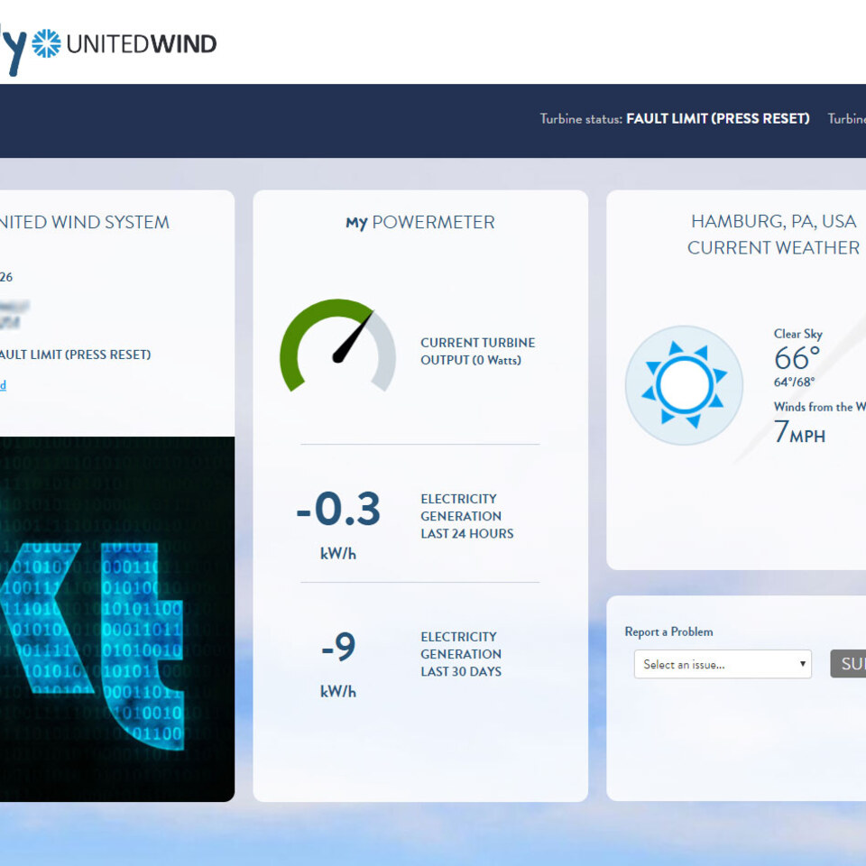 A customer's turbine at a glance: its status, its output now and over the last day and month, and the local weather.