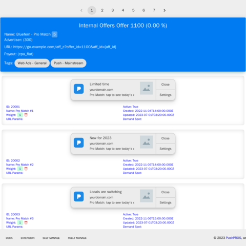 The Campaigns editor: every offer and its creatives, each with a preview of the notification and its weight.