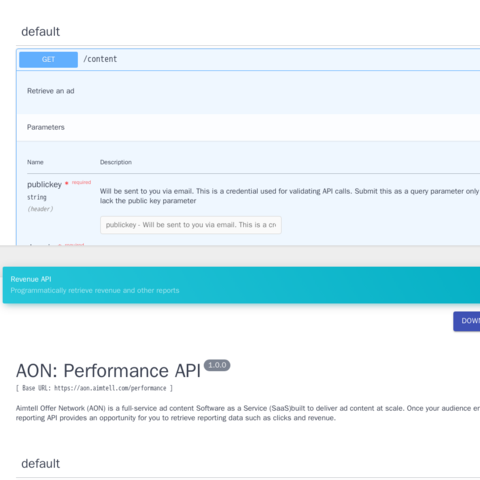 The API reference: the Ad Content API for retrieving ads, and the Performance API for revenue and reporting.
