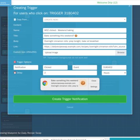 Building a new trigger from the Blueprint, with a live preview of the notification.