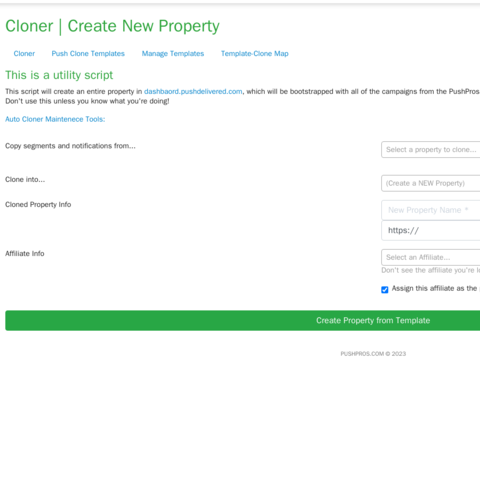 Creating a new property from a template, with its segments and notifications copied over.