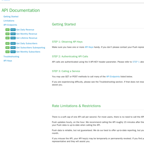 The partner API documentation: daily, monthly and lifetime revenue, and subscriber counts.