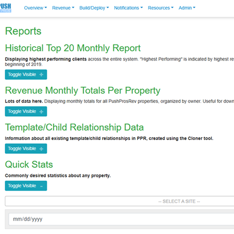 Reports: the top 20 earners each month, monthly totals per property, template and clone relationships, subscriber health, and partner payouts.